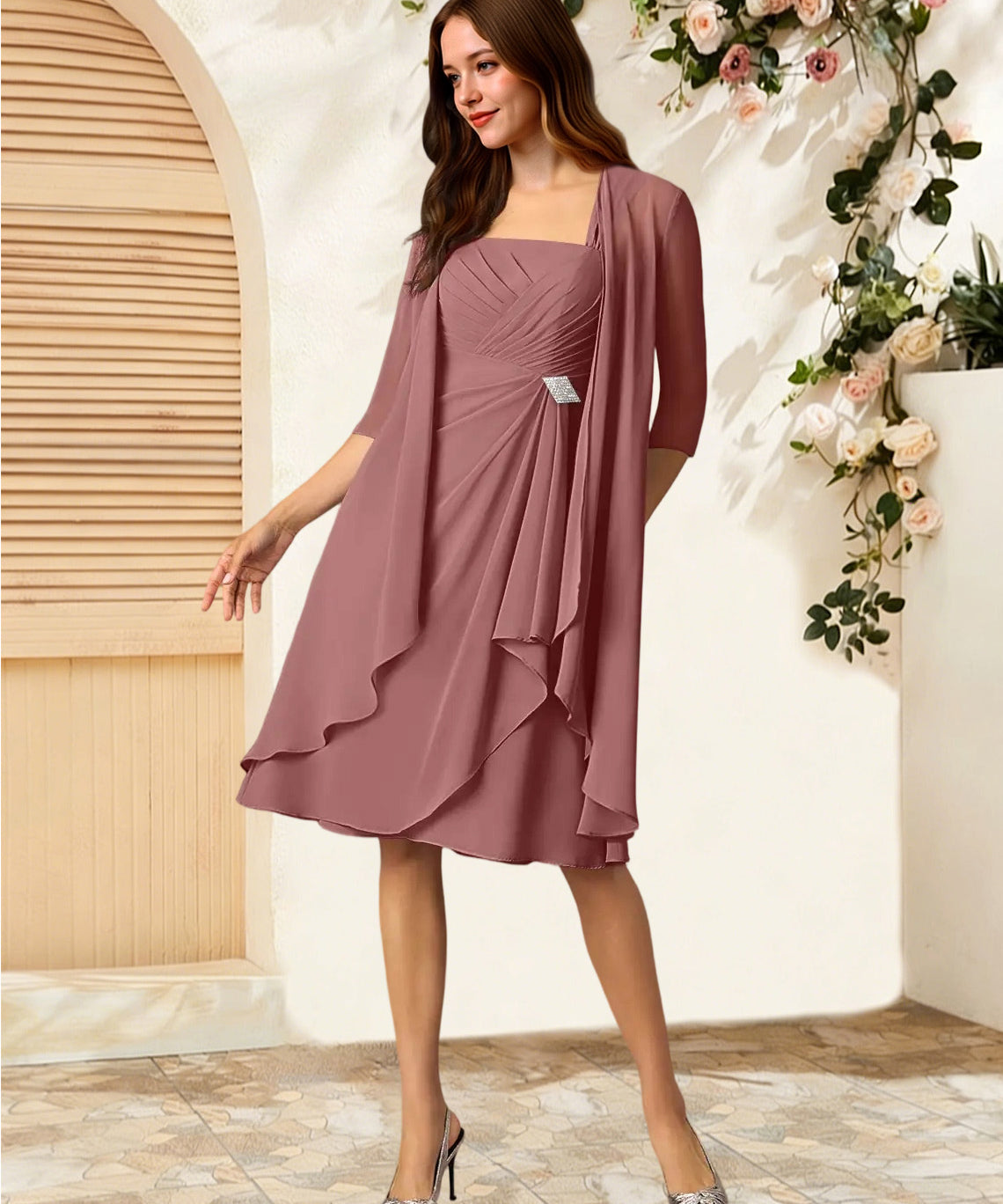 Augday Olivia A-Line Square Neckline Pleated Chiffon Dress
