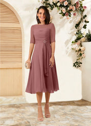 Augday Naomi A-Line Boatneck Pleated Chiffon Dress