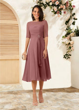 Augday Naomi A-Line Boatneck Pleated Chiffon Dress
