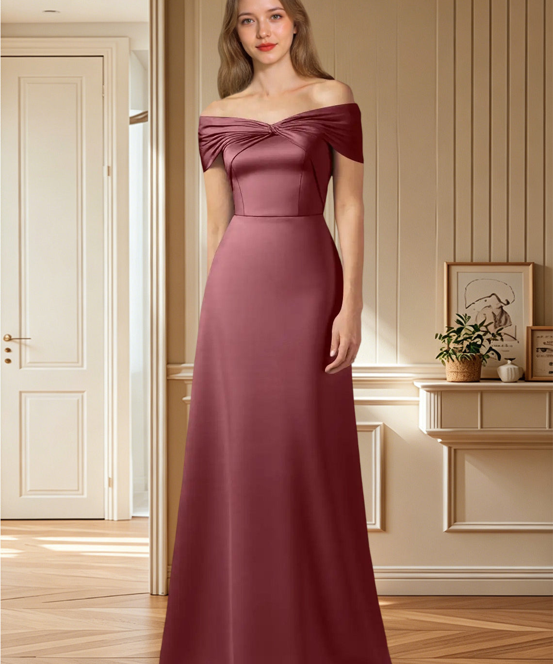 Augday Amelia A-Line Off the Shoulder Stretch Satin Dress