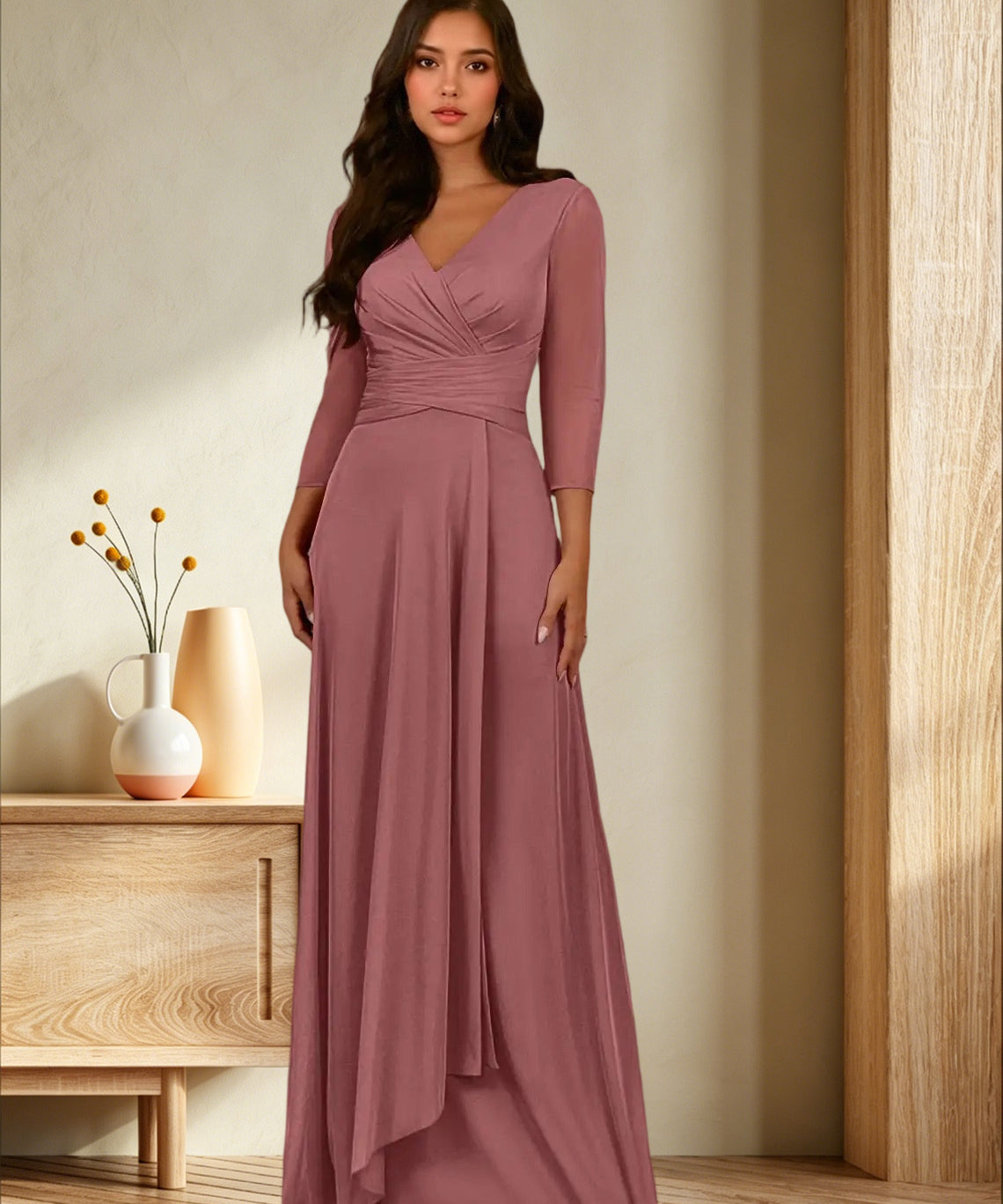 Augday Annetta A-Line V-Neck Pleated Mesh Dress