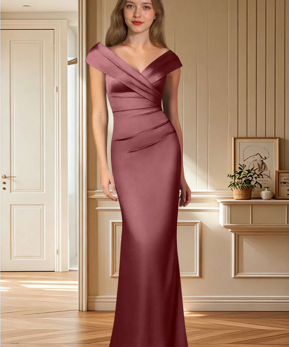 Augday Ludlow Mermaid Pleated Stretch Satin Dress