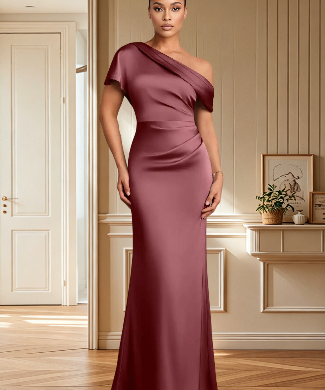Augday Rutha Sheath One Shoulder Stretch Satin Dress