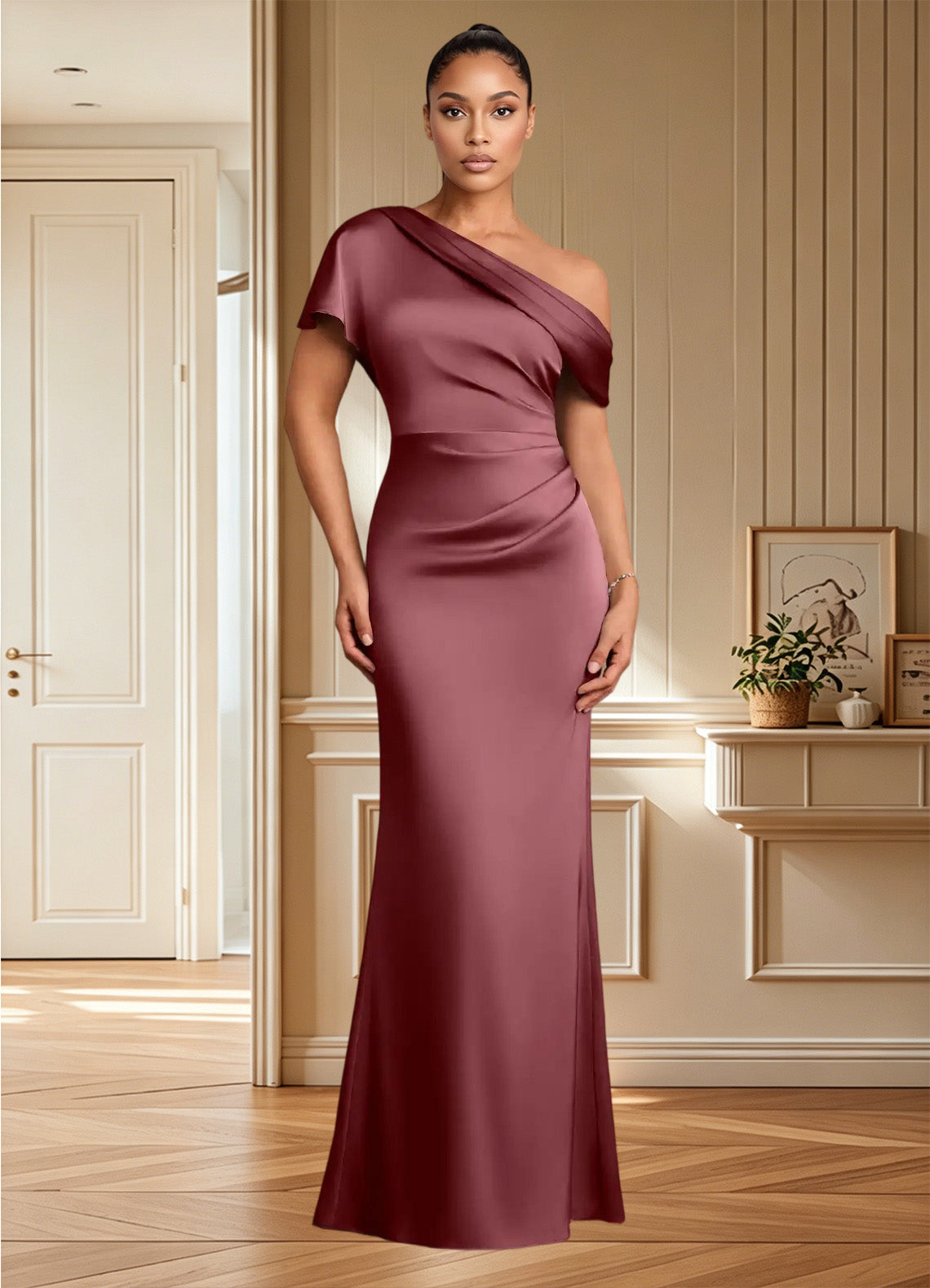 Augday Rutha Sheath One Shoulder Stretch Satin Dress