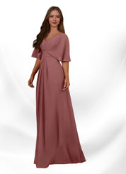 Augday Oksana A-Line V-Neck Pleated Chiffon Dress
