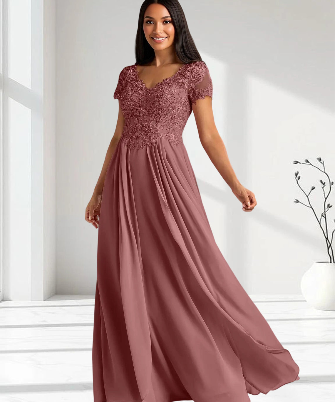 Augday Dunja A-Line V-Neck Lace Chiffon Dress