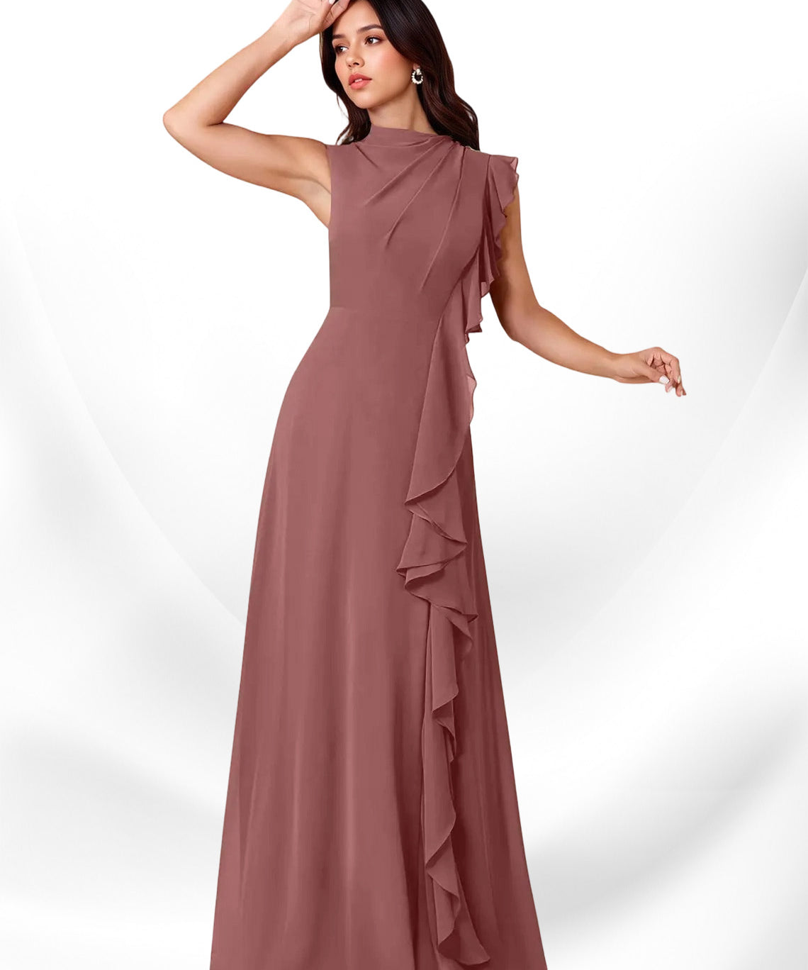 Augday Narine A-Line High Neckline Pleated Chiffon Dress