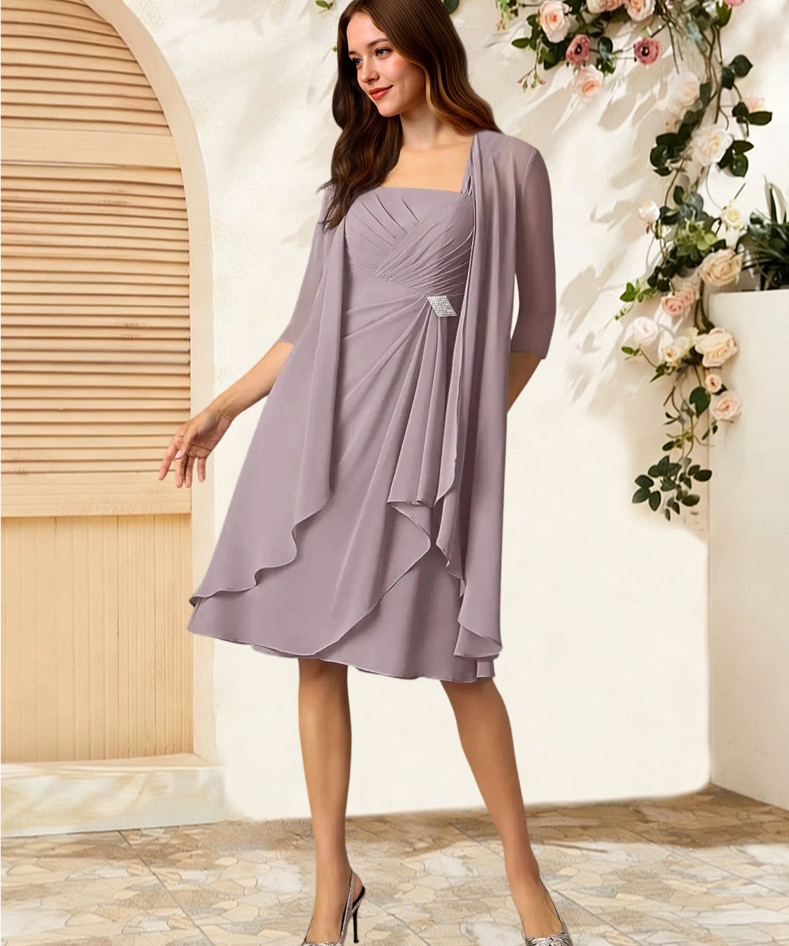 Augday Olivia A-Line Square Neckline Pleated Chiffon Dress