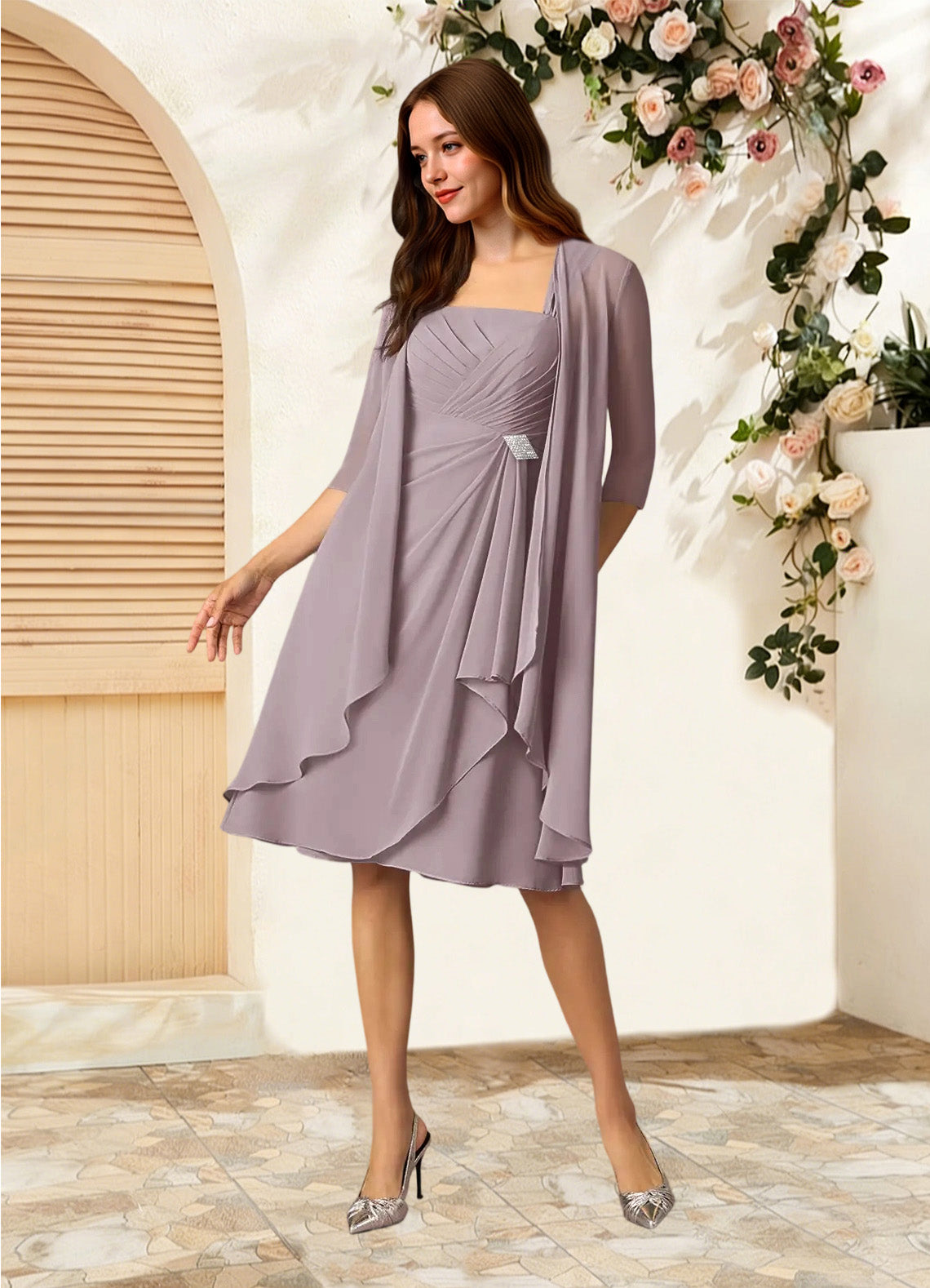 Augday Olivia A-Line Square Neckline Pleated Chiffon Dress
