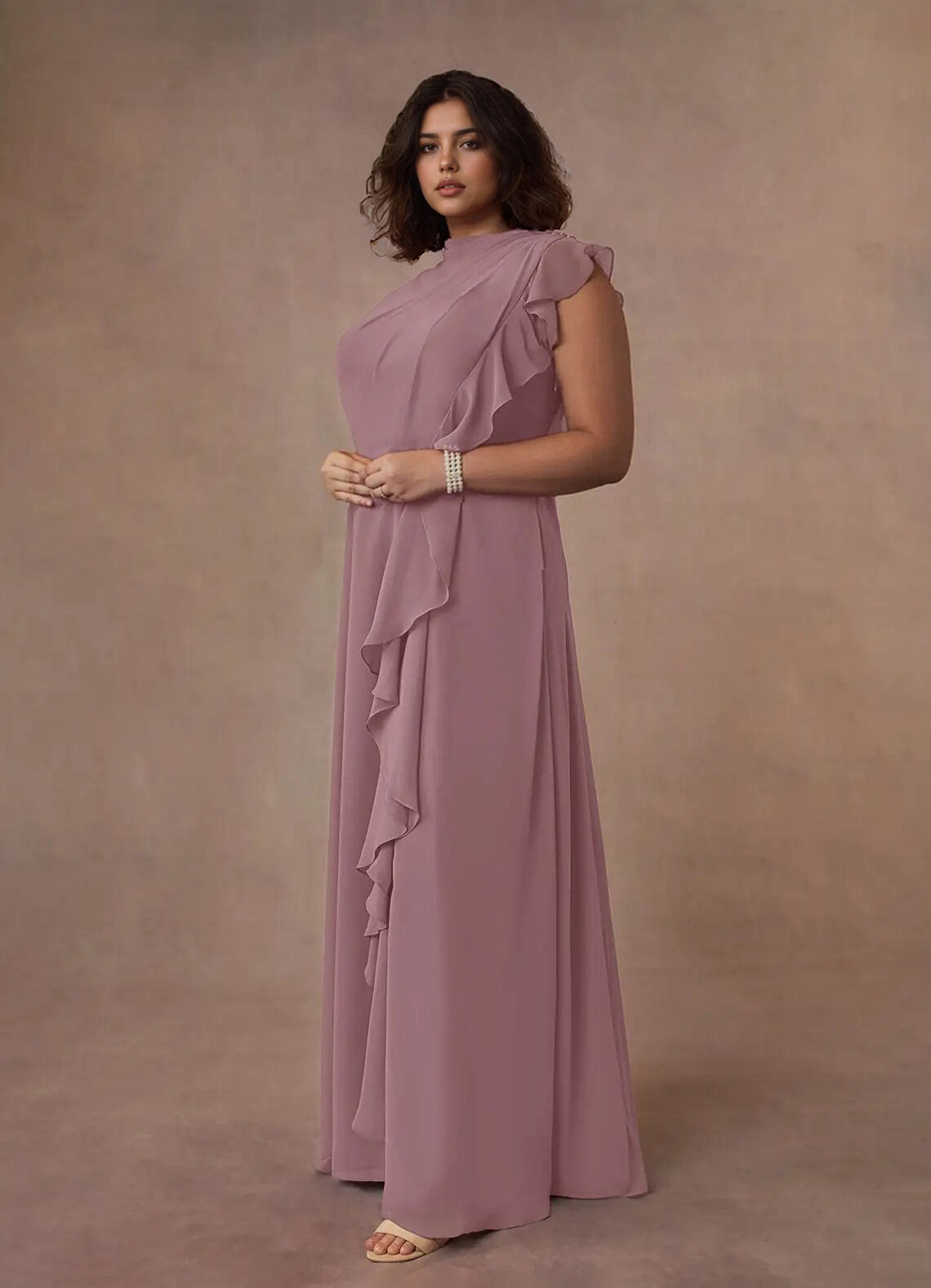 Augday A-Line High Neckline Pleated Chiffon Dress Plus Size