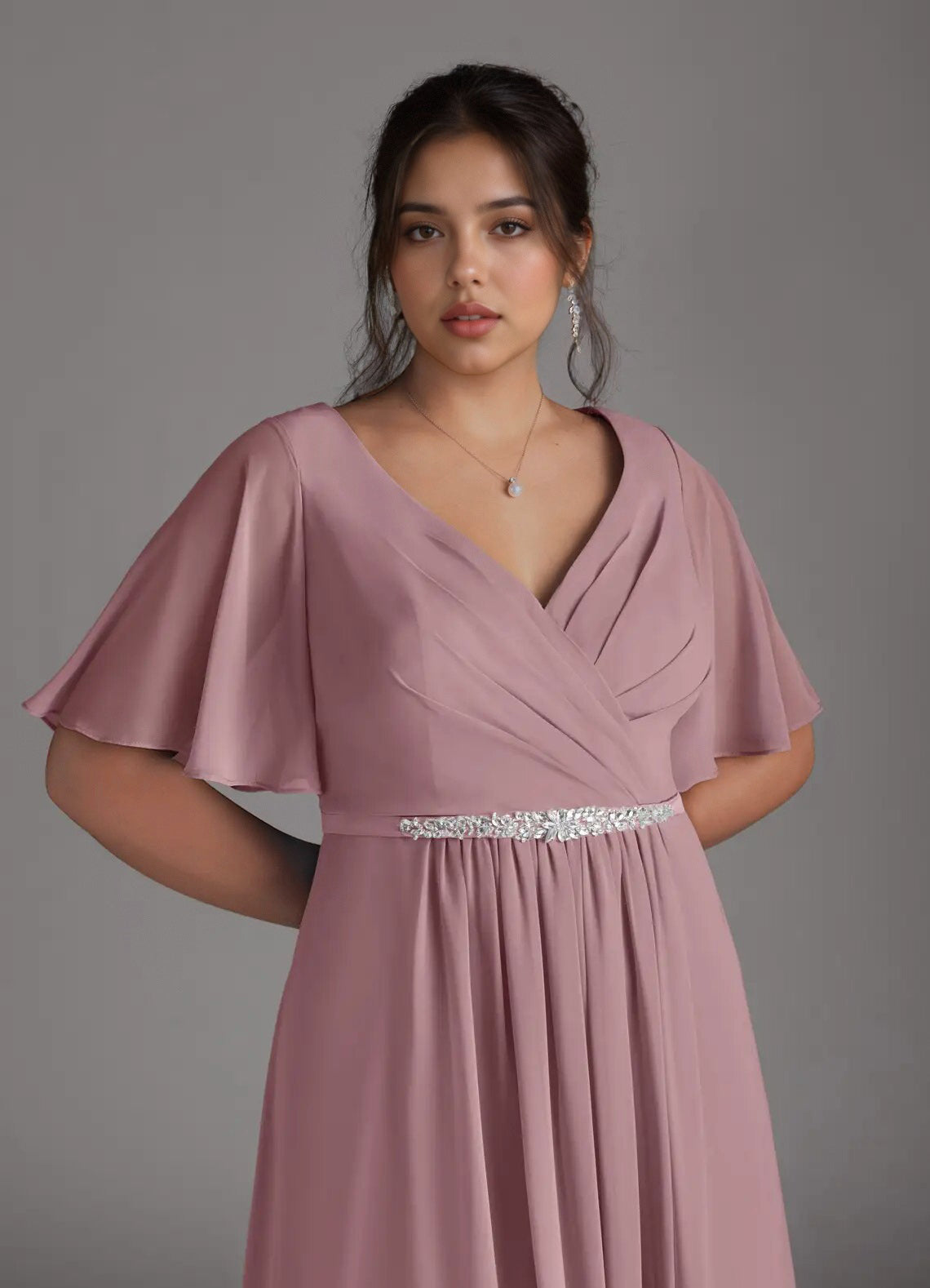 Augday A-Line V-Neck Pleated Chiffon Dress Plus Size