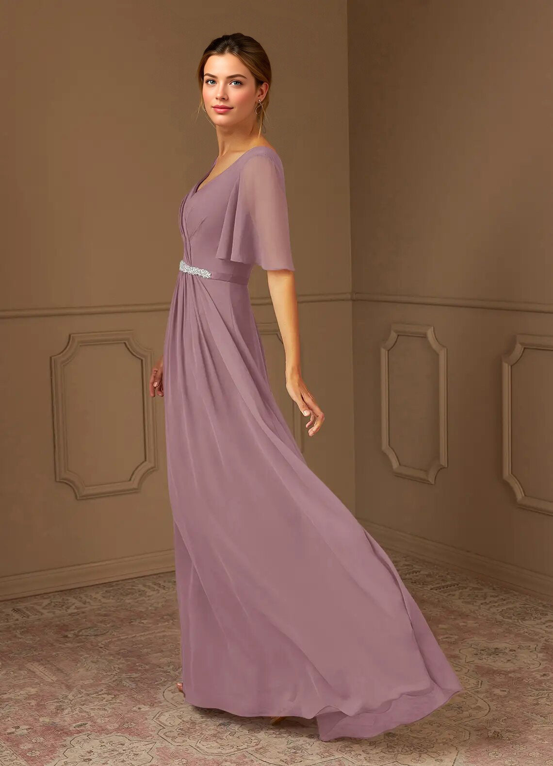 Augday A-Line V-Neck Pleated Chiffon Dress