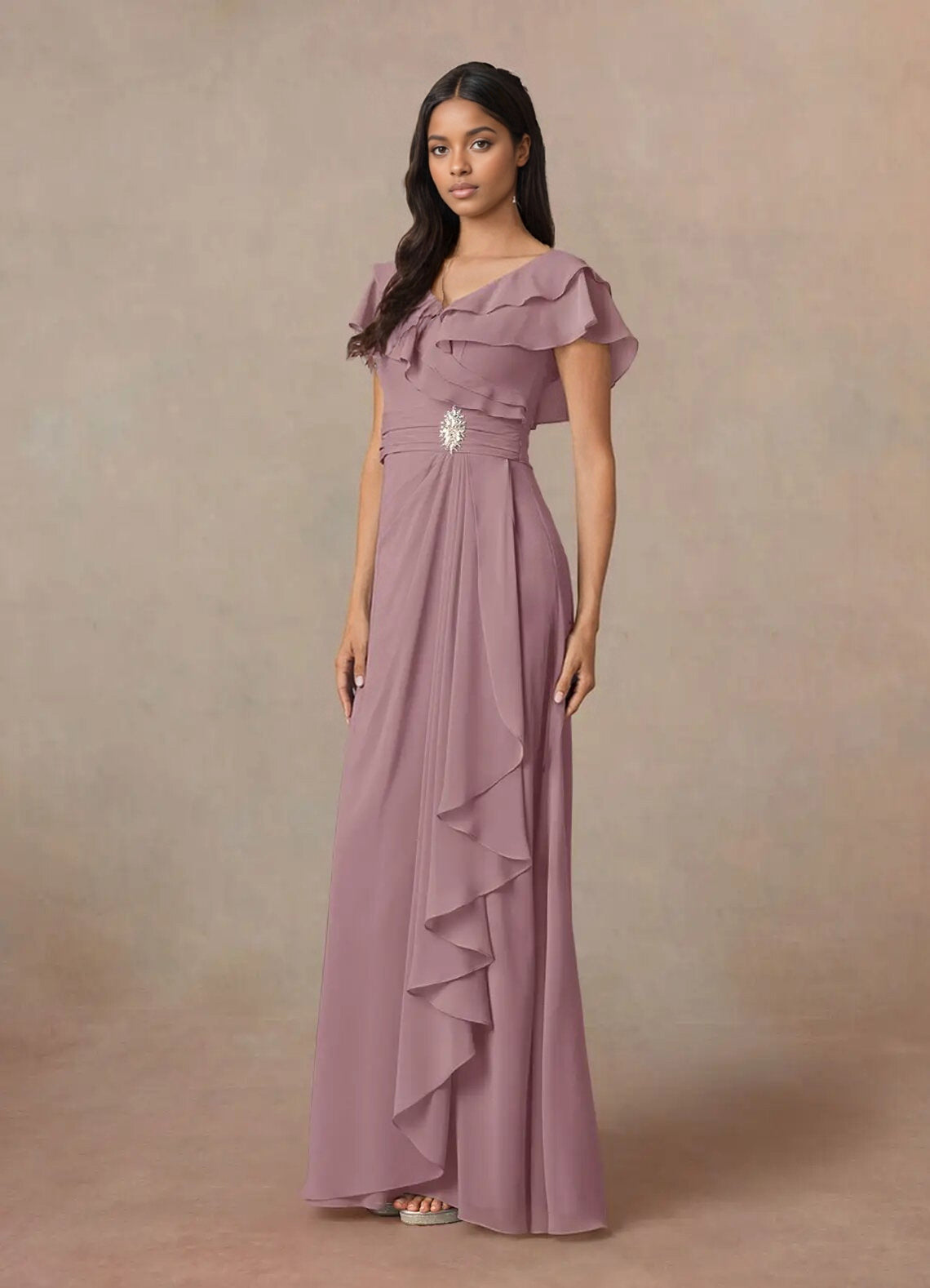 Augday A-Line V-Neck Ruched Chiffon Dress