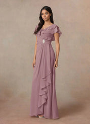 Augday A-Line V-Neck Ruched Chiffon Dress