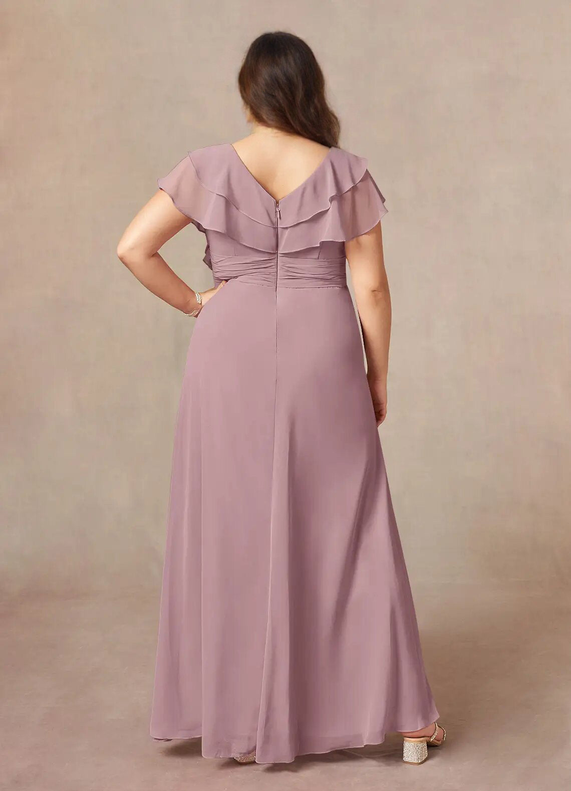 Augday A-Line V-Neck Ruched Chiffon Dress Plus Size