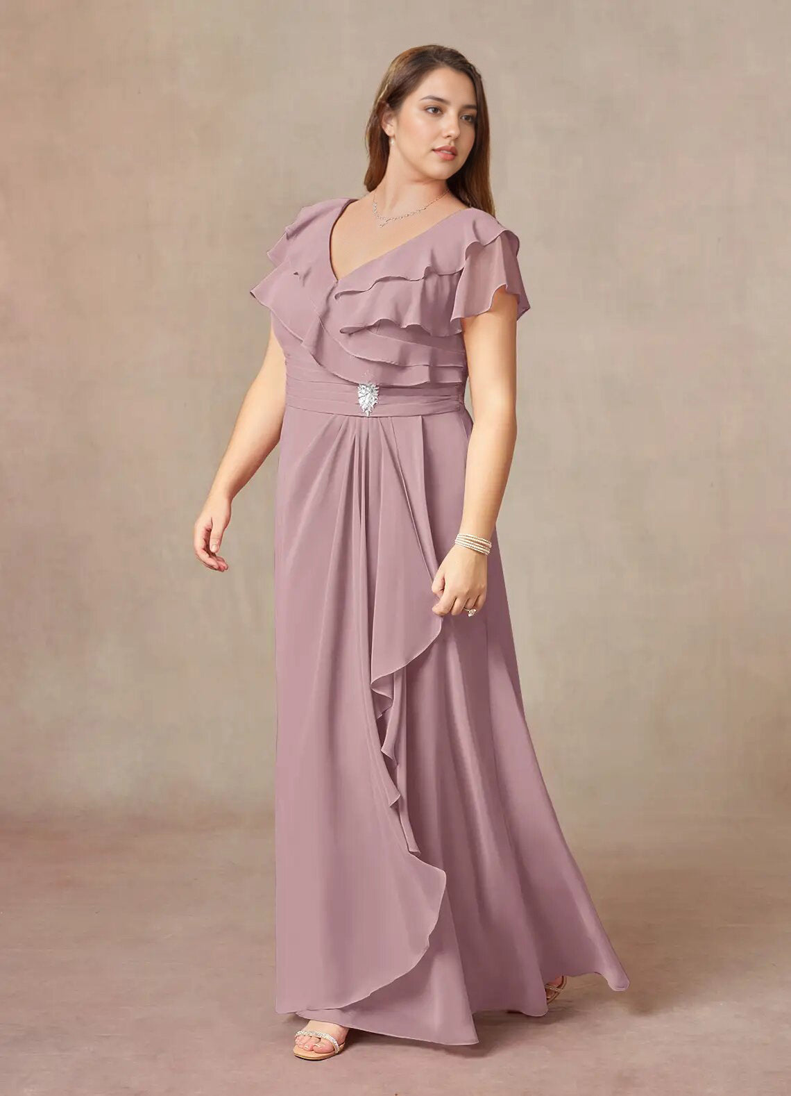 Augday A-Line V-Neck Ruched Chiffon Dress Plus Size