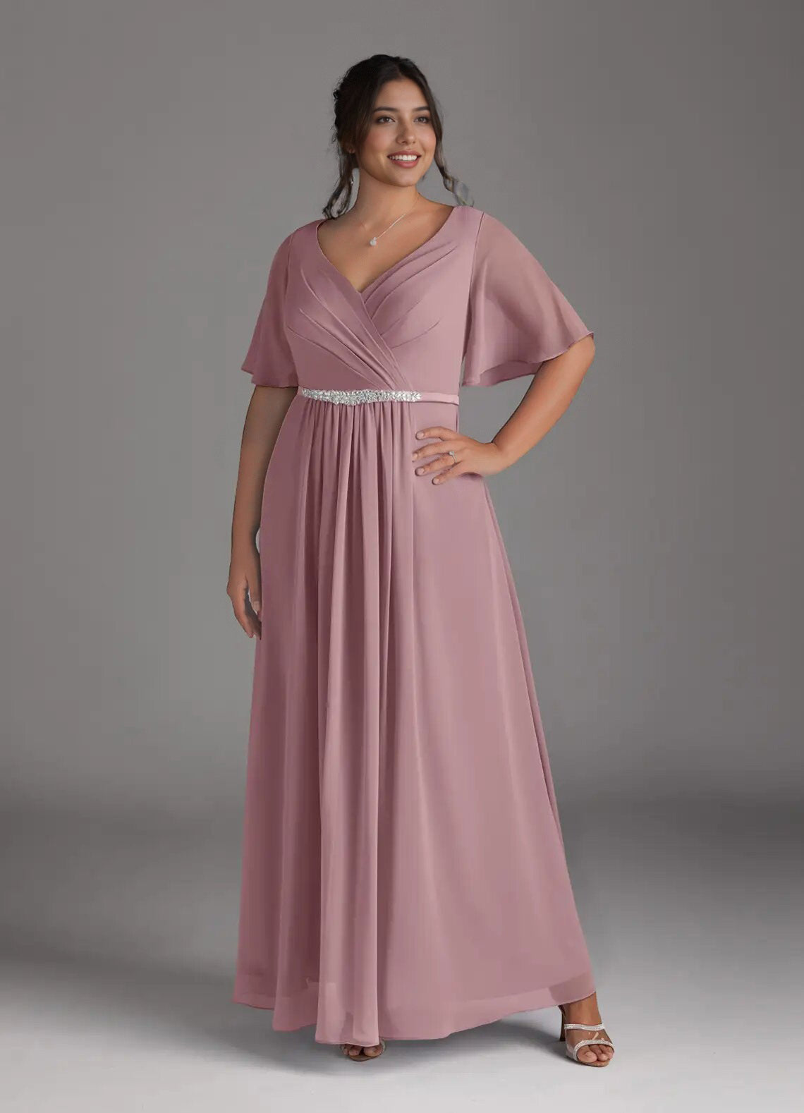 Augday A-Line V-Neck Pleated Chiffon Dress Plus Size