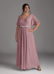 Augday A-Line V-Neck Pleated Chiffon Dress Plus Size
