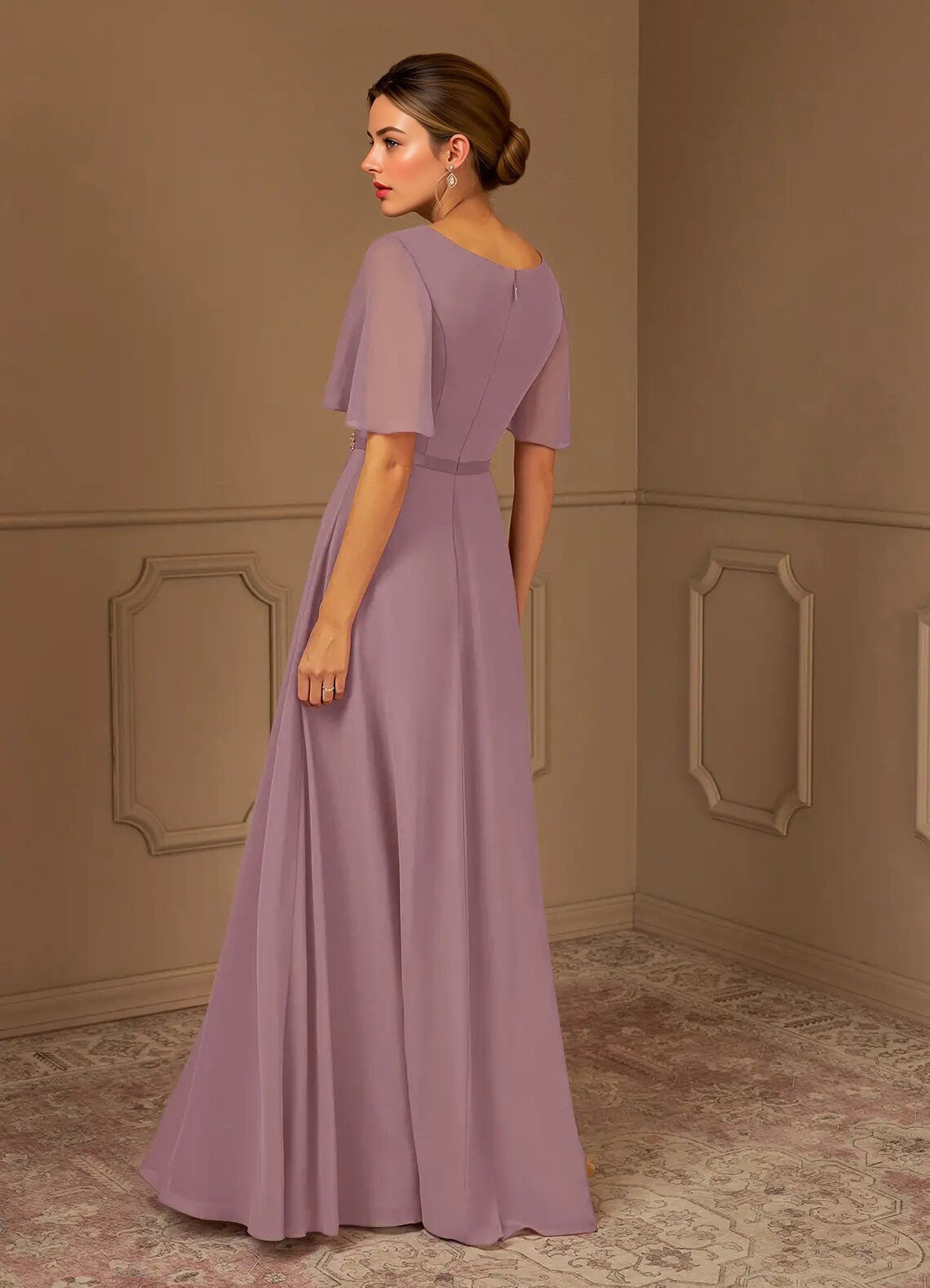 Augday A-Line V-Neck Pleated Chiffon Dress