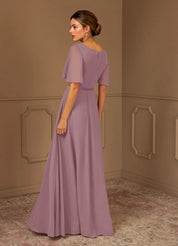 Augday A-Line V-Neck Pleated Chiffon Dress