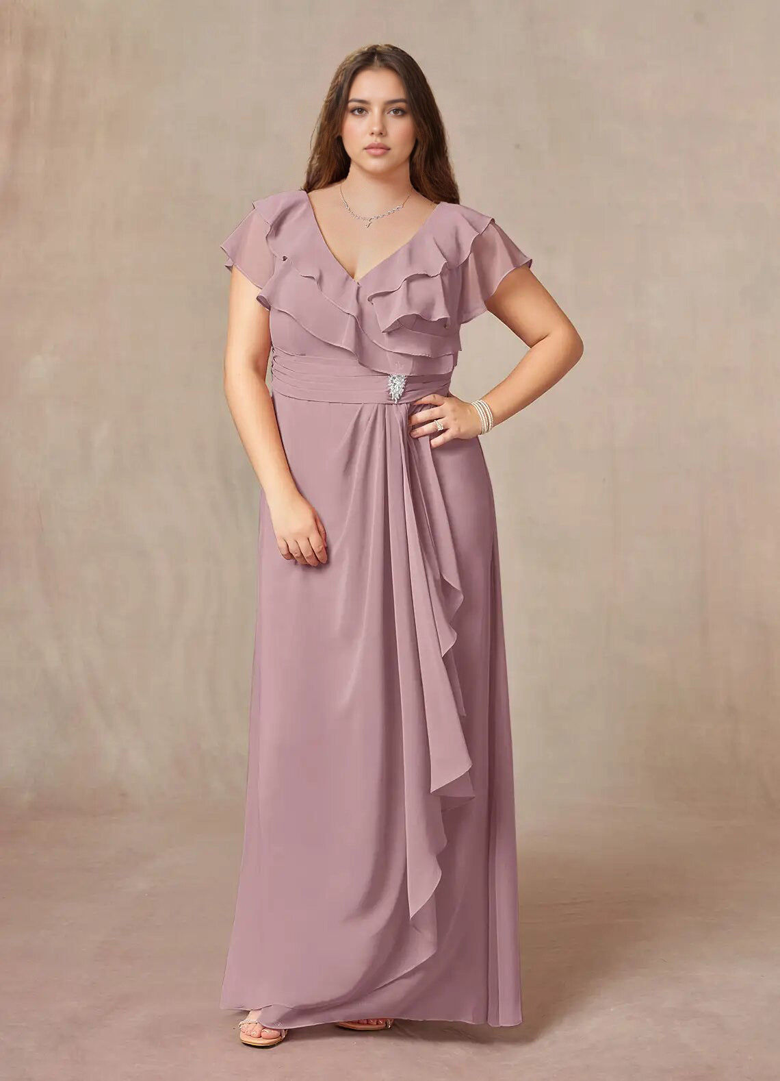 Augday A-Line V-Neck Ruched Chiffon Dress Plus Size