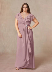 Augday A-Line V-Neck Ruched Chiffon Dress Plus Size