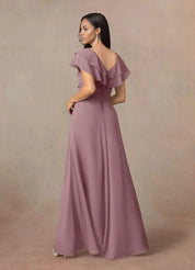 Augday A-Line V-Neck Ruched Chiffon Dress