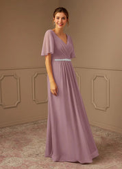 Augday A-Line V-Neck Pleated Chiffon Dress