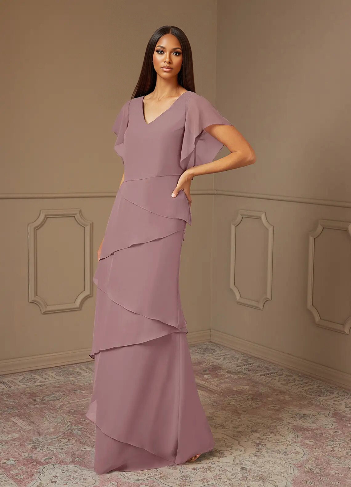 Augday OHara A-Line V-Neck Chiffon Dress