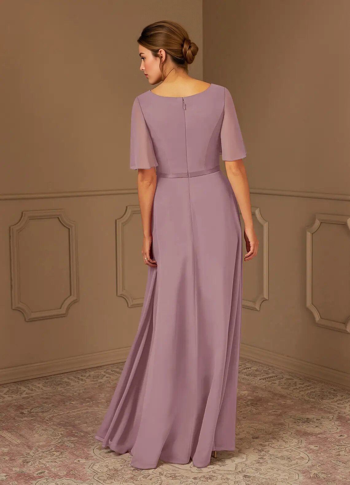 Augday A-Line V-Neck Pleated Chiffon Dress