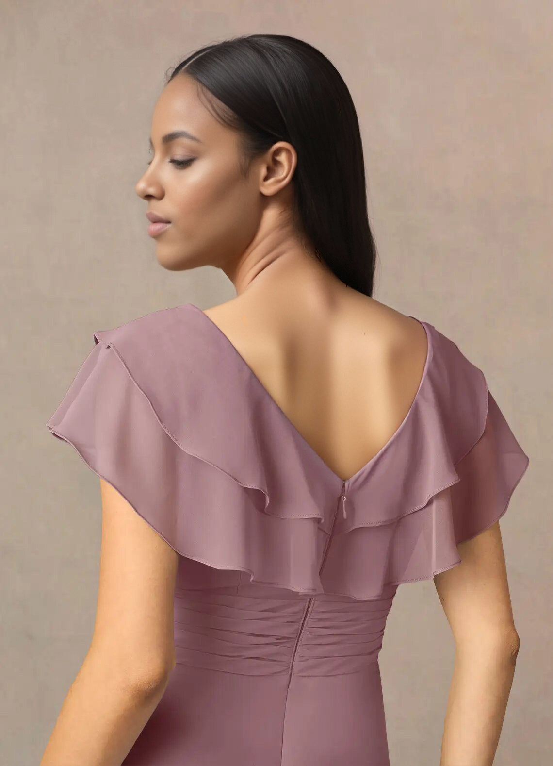 Augday A-Line V-Neck Ruched Chiffon Dress