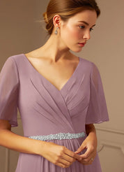 Augday A-Line V-Neck Pleated Chiffon Dress