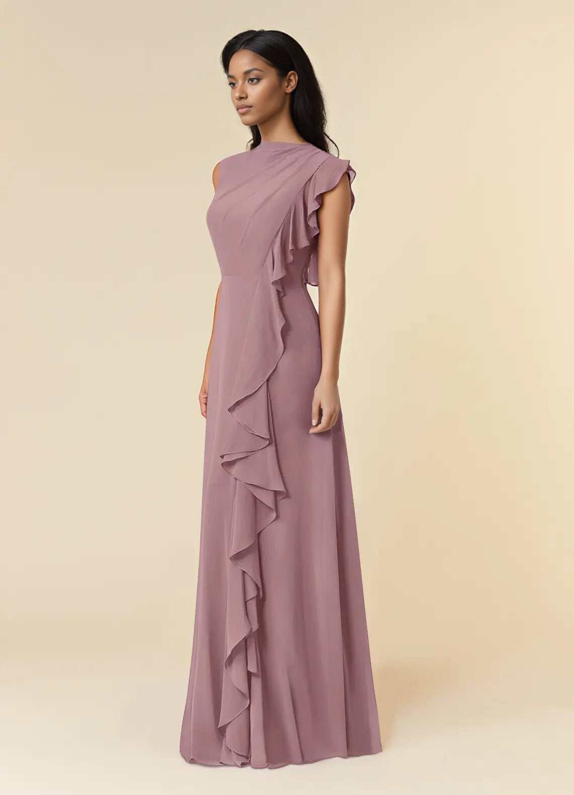 Augday A-Line High Neckline Pleated Chiffon Dress