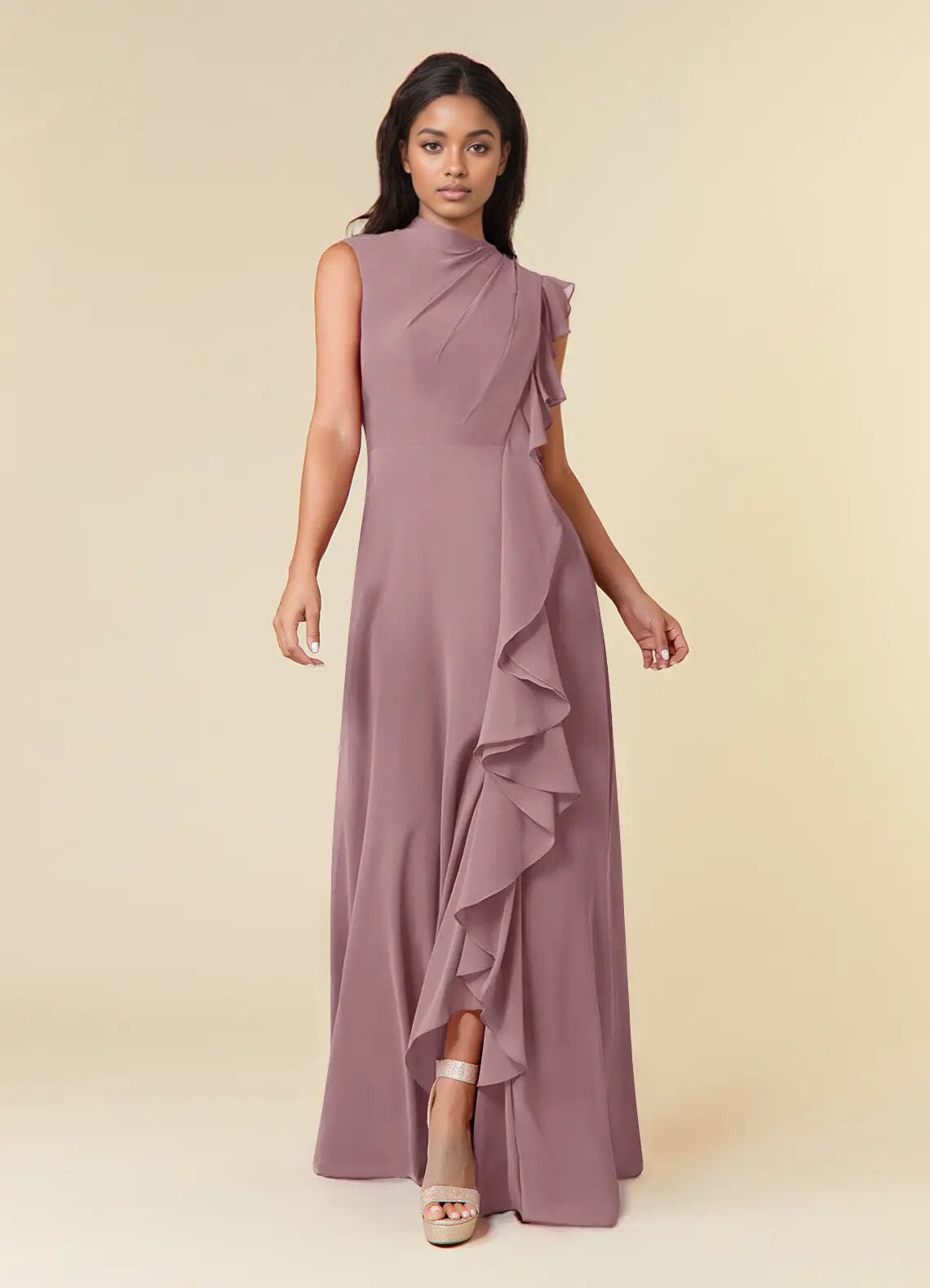Augday A-Line High Neckline Pleated Chiffon Dress