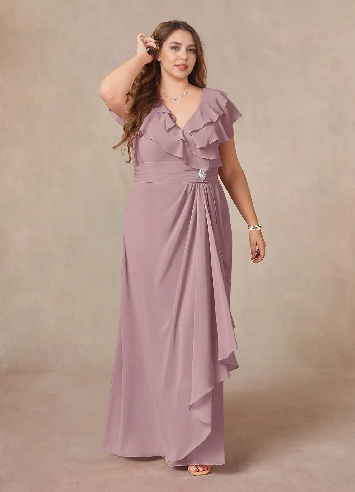 Augday A-Line V-Neck Ruched Chiffon Dress Plus Size