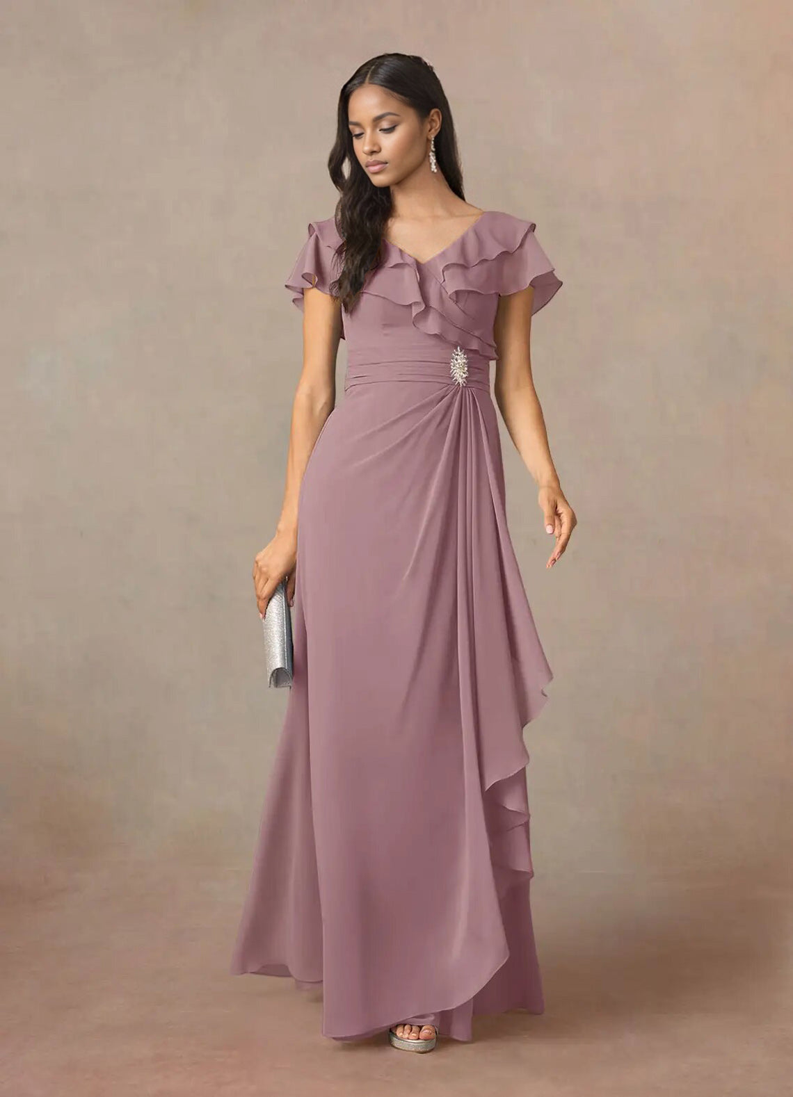 Augday A-Line V-Neck Ruched Chiffon Dress