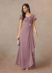 Augday A-Line V-Neck Ruched Chiffon Dress
