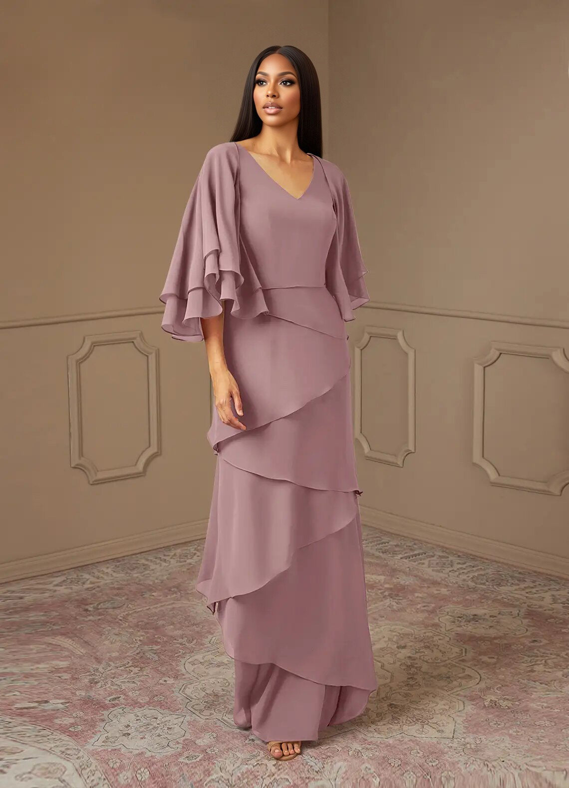 Augday OHara A-Line V-Neck Chiffon Dress