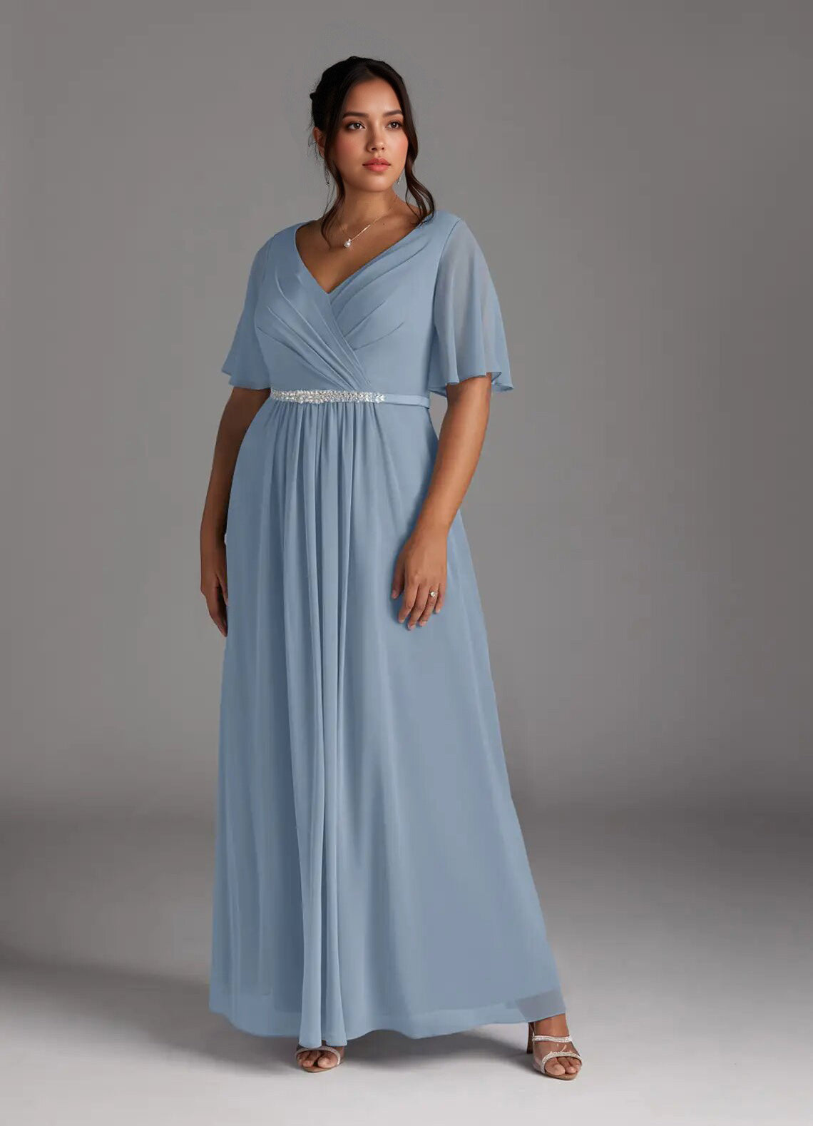 Augday A-Line V-Neck Pleated Chiffon Dress Plus Size