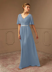 Augday A-Line V-Neck Pleated Chiffon Dress