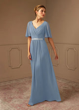Augday A-Line V-Neck Pleated Chiffon Dress