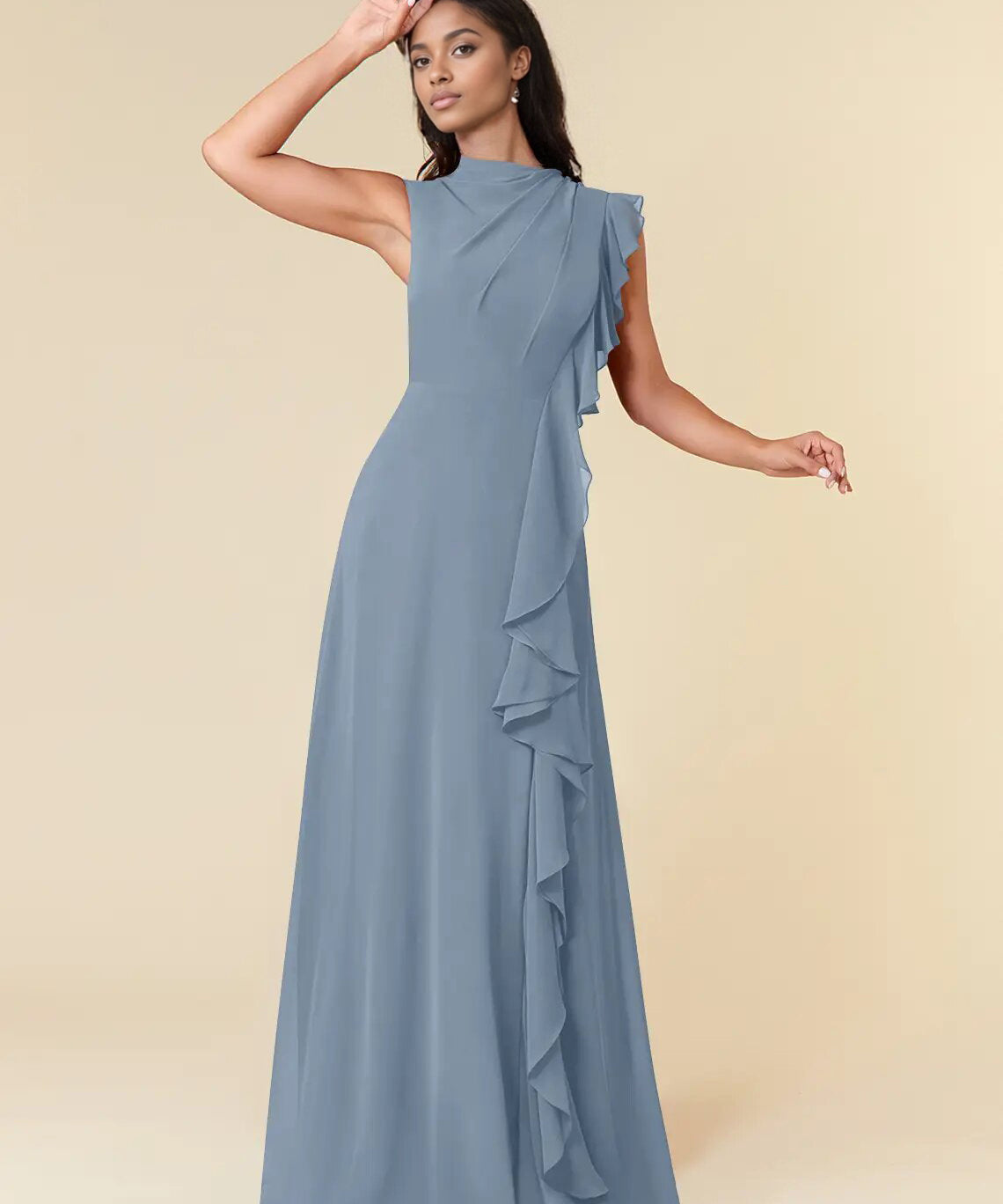 Augday A-Line High Neckline Pleated Chiffon Dress