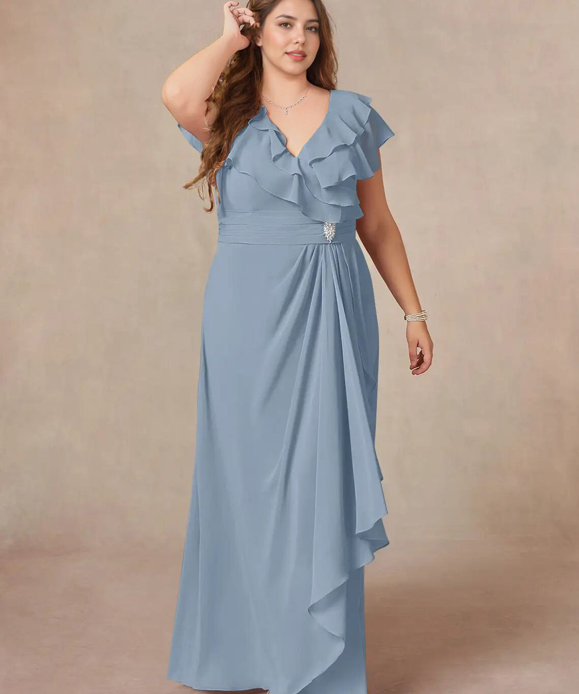 Augday A-Line V-Neck Ruched Chiffon Dress Plus Size