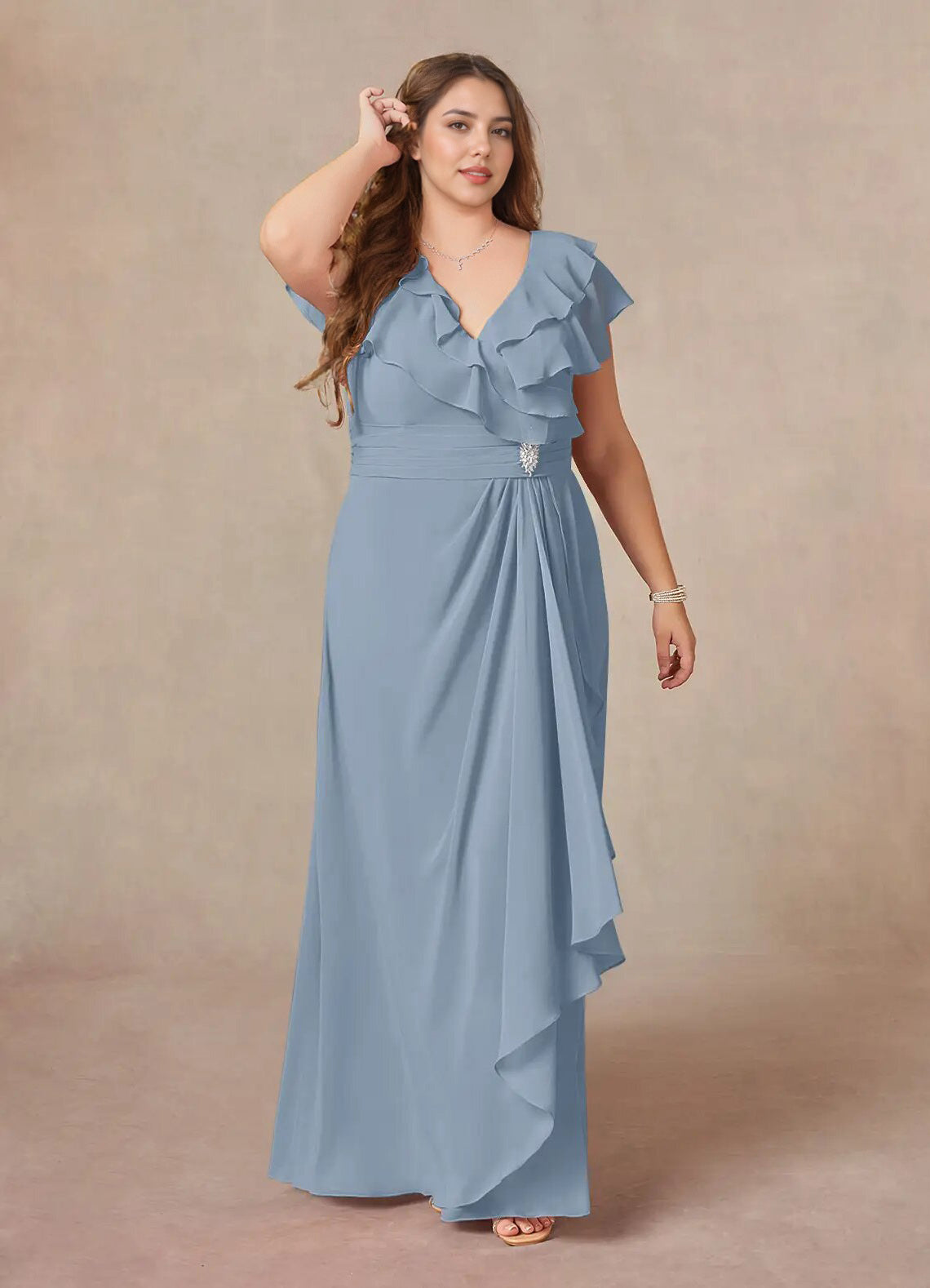 Augday A-Line V-Neck Ruched Chiffon Dress Plus Size