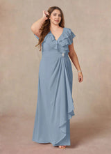 Augday A-Line V-Neck Ruched Chiffon Dress Plus Size