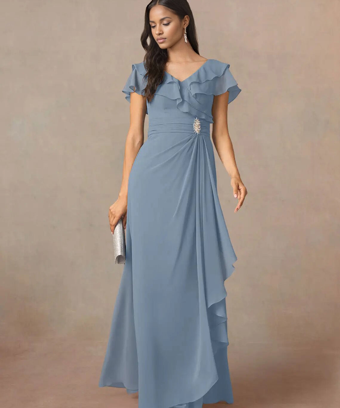 Augday A-Line V-Neck Ruched Chiffon Dress