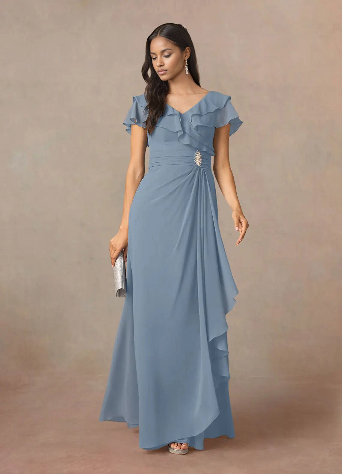 Augday A-Line V-Neck Ruched Chiffon Dress