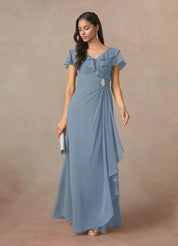 Augday A-Line V-Neck Ruched Chiffon Dress