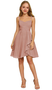 Augday Laly Girl Short Chiffon Flower Girl Dress for Wedding Spaghetti Straps Teens Formal Dresses