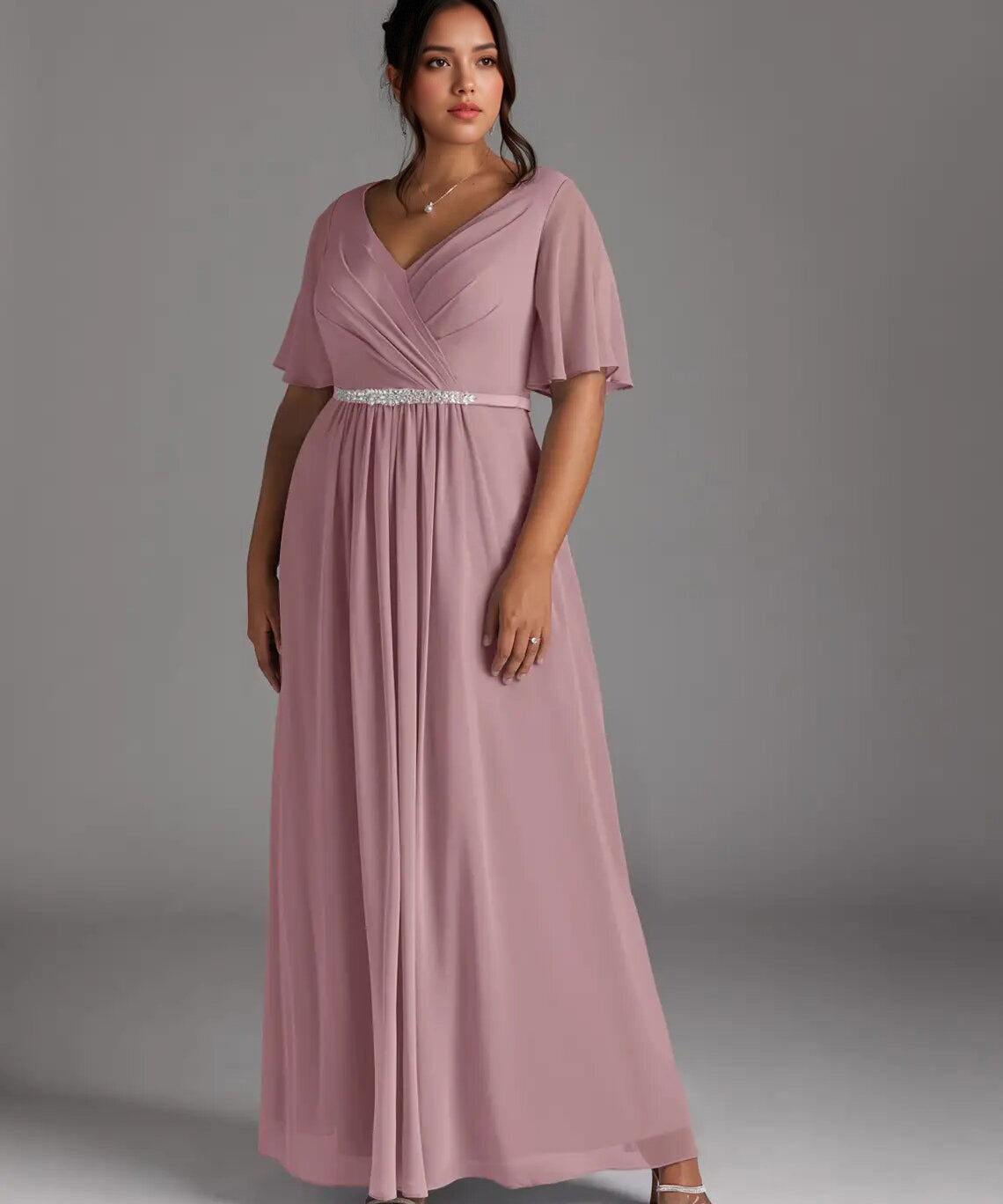 Augday A-Line V-Neck Pleated Chiffon Dress Plus Size